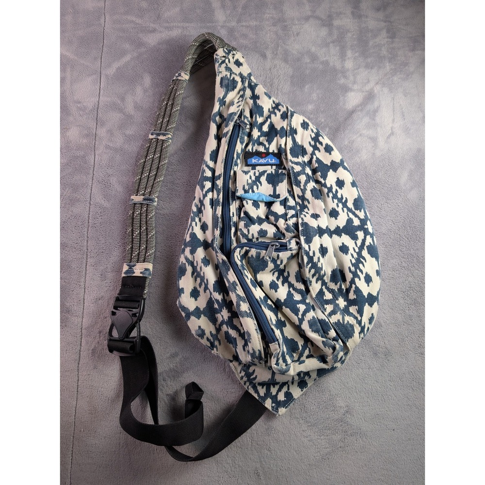 Kavu Rope Bag Sling Backpack Blue Cream Ikat Pattern Canvas Crossbody Bag